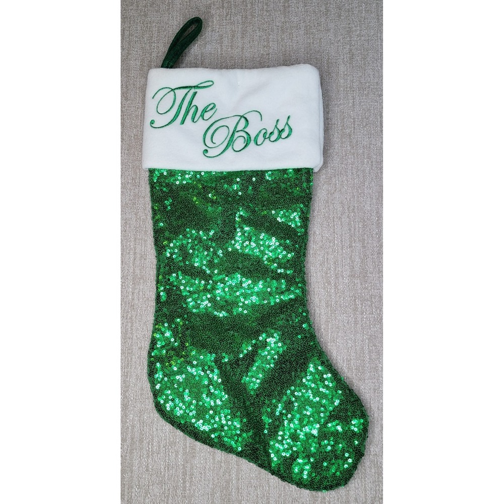 Hobby Lobby 2020 Green & White Sequin Christmas Stocking‎ "The Boss" New w Tag